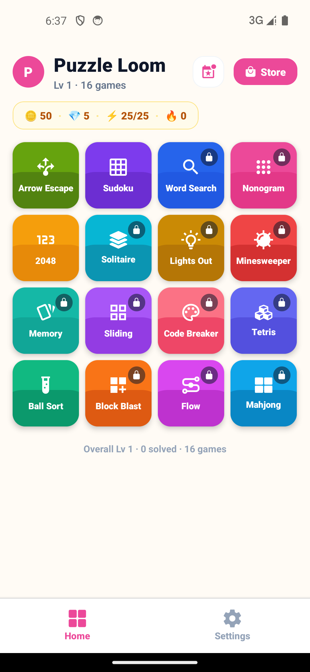 Puzzly home screen with 19 games